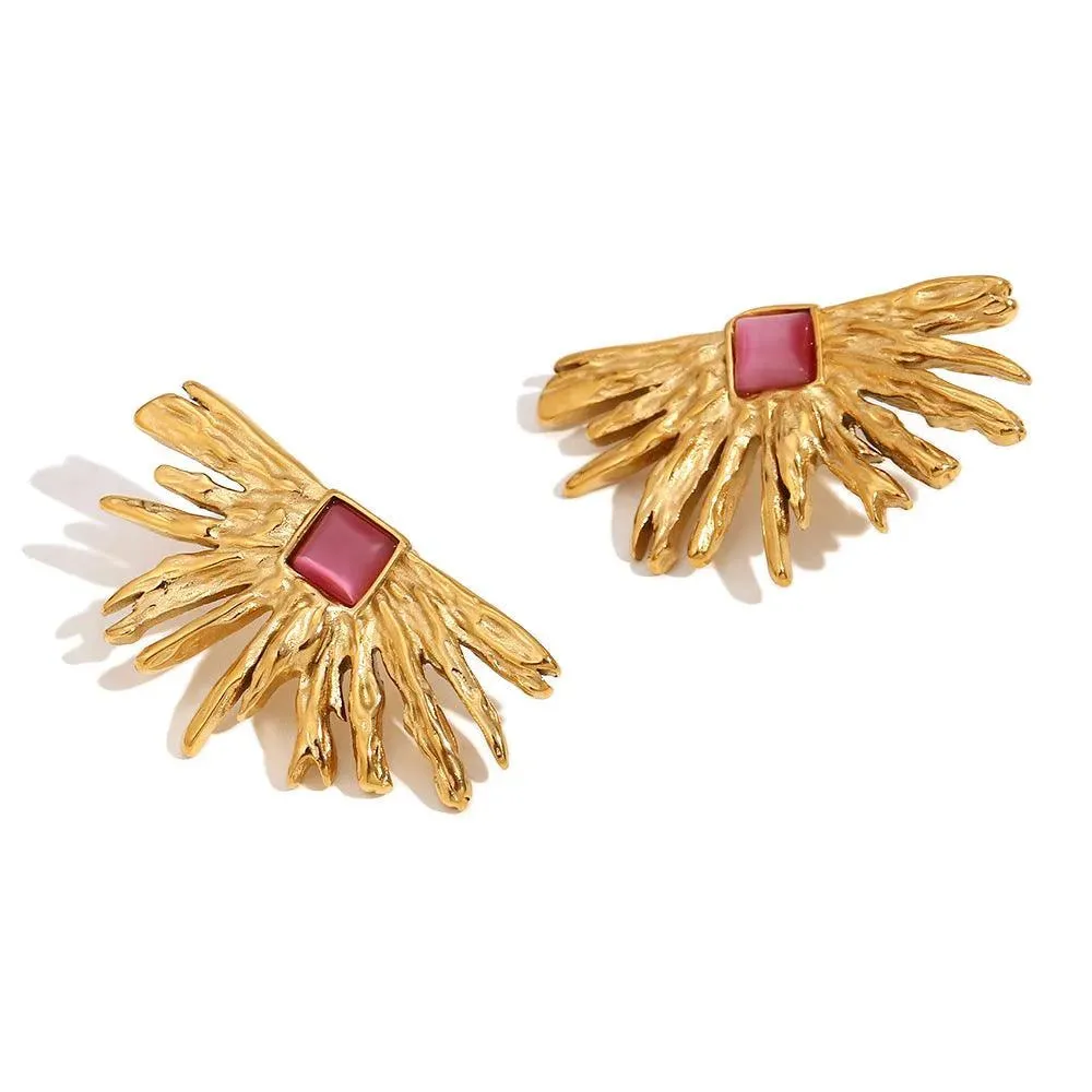 Sunburst Earrings with Red Gem – Statement Jewellery for Women