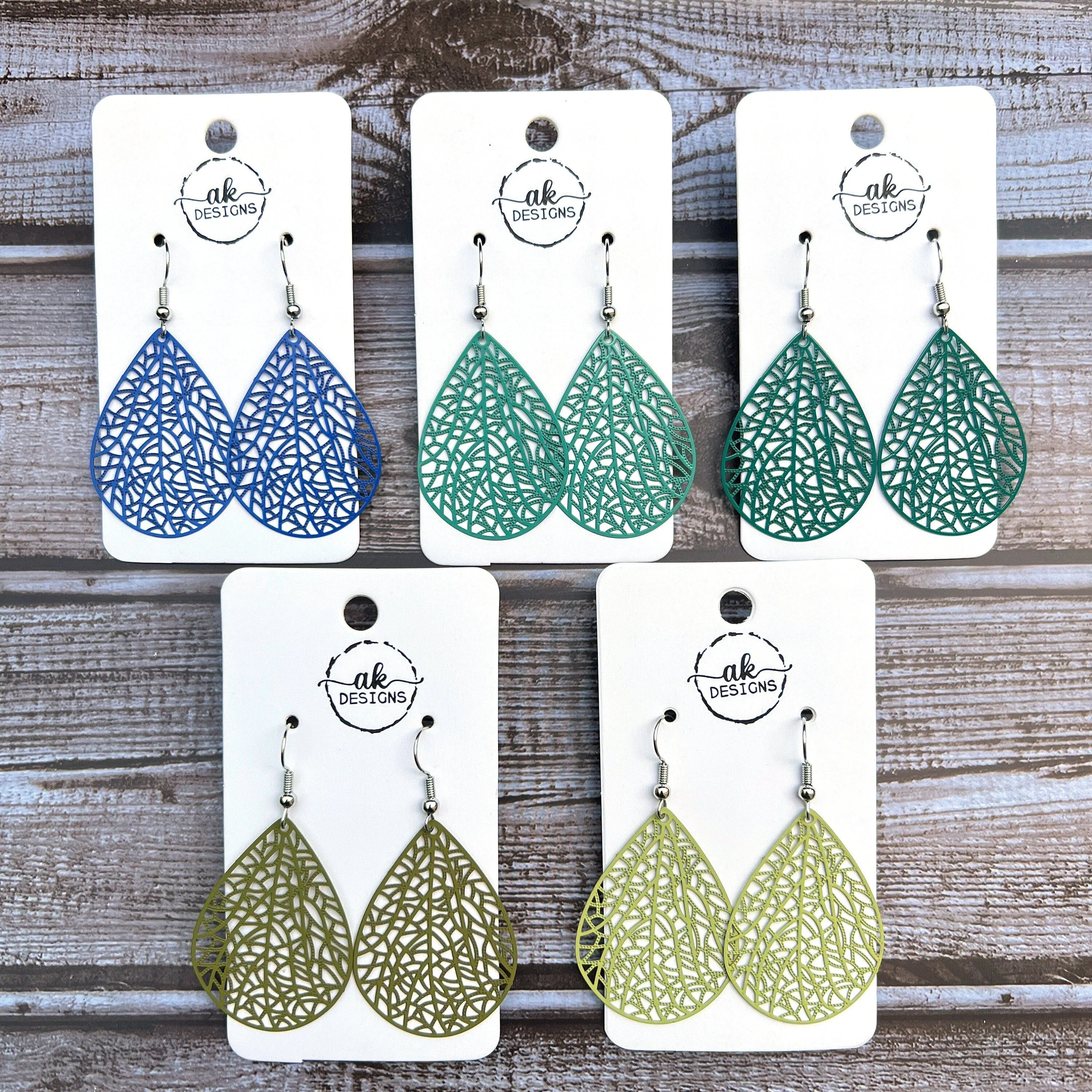 Teardrop Lace Filigree Bold Lightweight Painted Brass Earrings Blue Green Teal Turquoise - Clearance