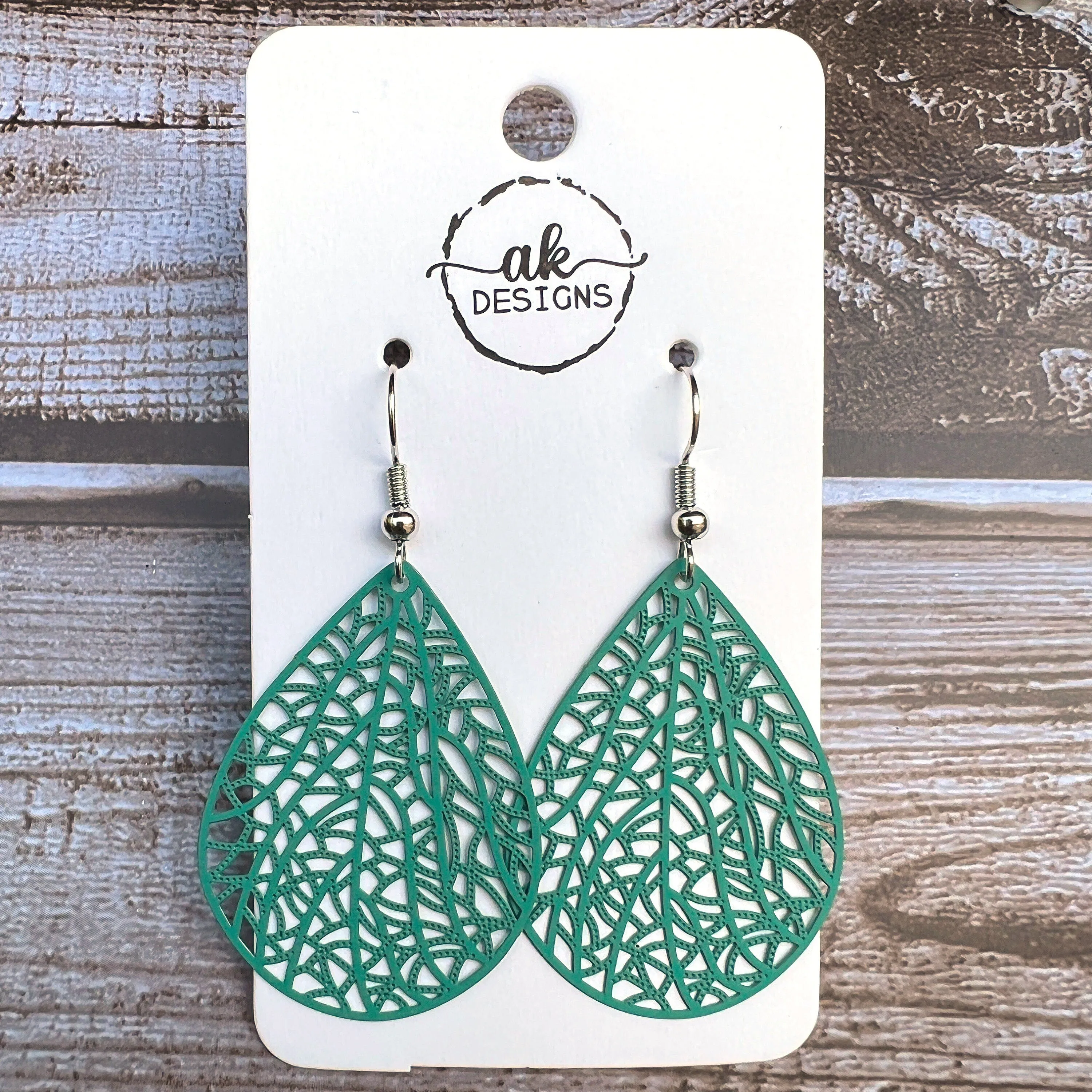 Teardrop Lace Filigree Bold Lightweight Painted Brass Earrings Blue Green Teal Turquoise - Clearance