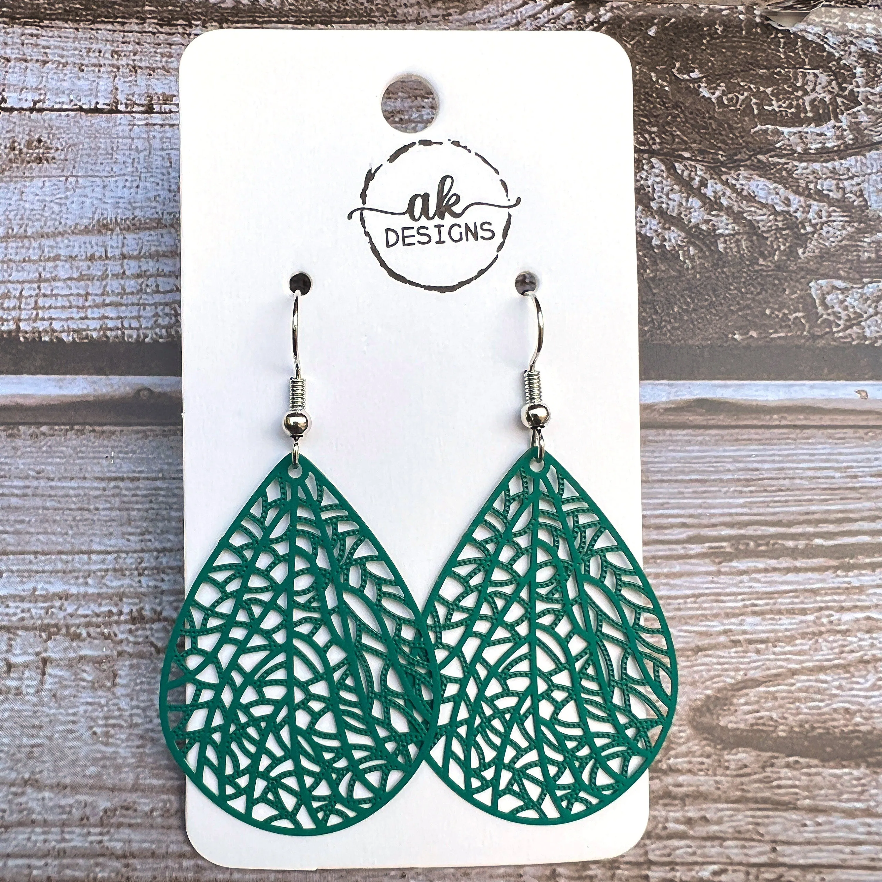 Teardrop Lace Filigree Bold Lightweight Painted Brass Earrings Blue Green Teal Turquoise - Clearance