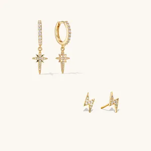 The North Star Earring & Lightning Bolt Stacking Set in Gold