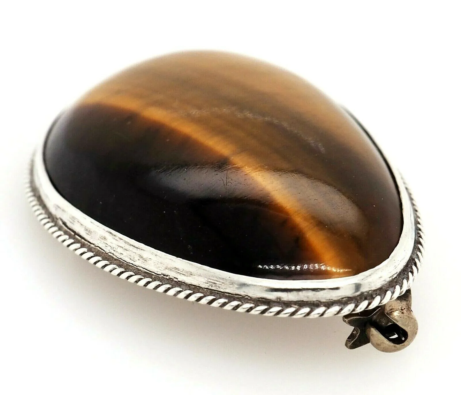 Tigers Eye Sterling Silver Vintage Brooch with Rollover Clasp