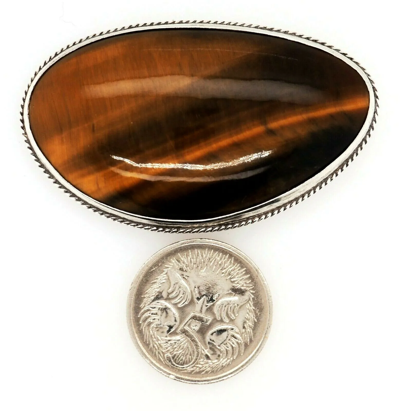 Tigers Eye Sterling Silver Vintage Brooch with Rollover Clasp