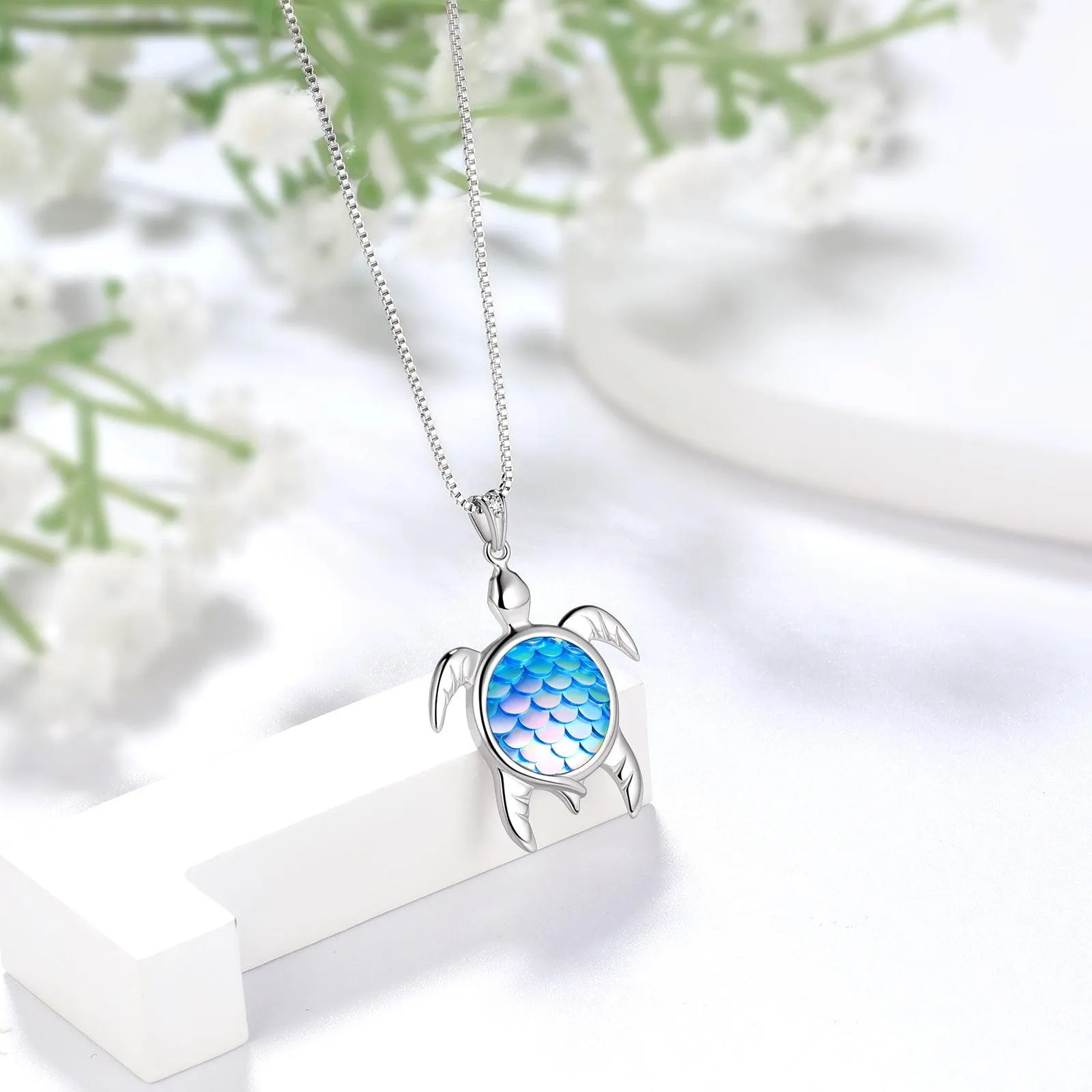 Turtle Pendant Charm Necklace Gradient Light Blue Women Girls Jewelry Birthday Gift