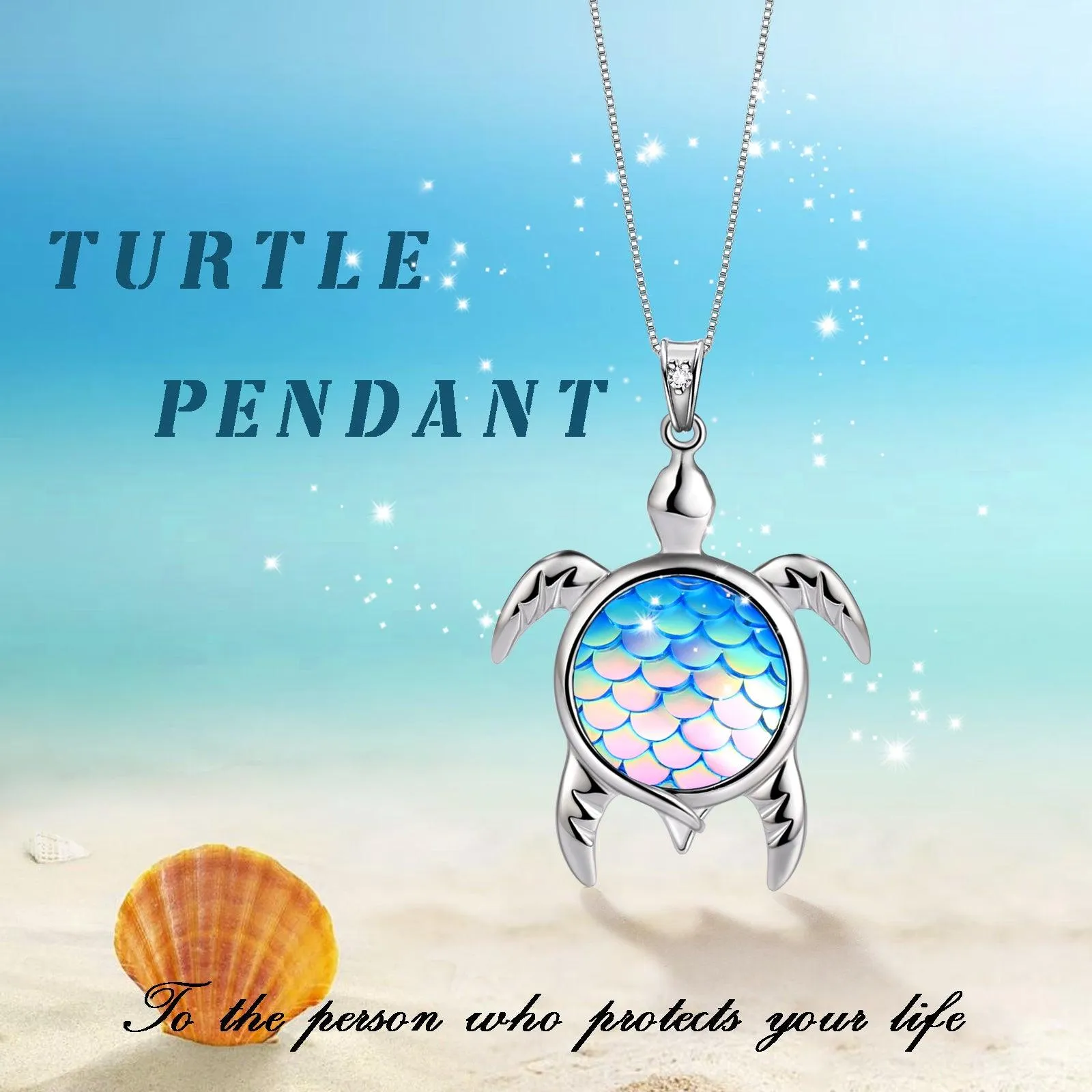 Turtle Pendant Charm Necklace Gradient Light Blue Women Girls Jewelry Birthday Gift