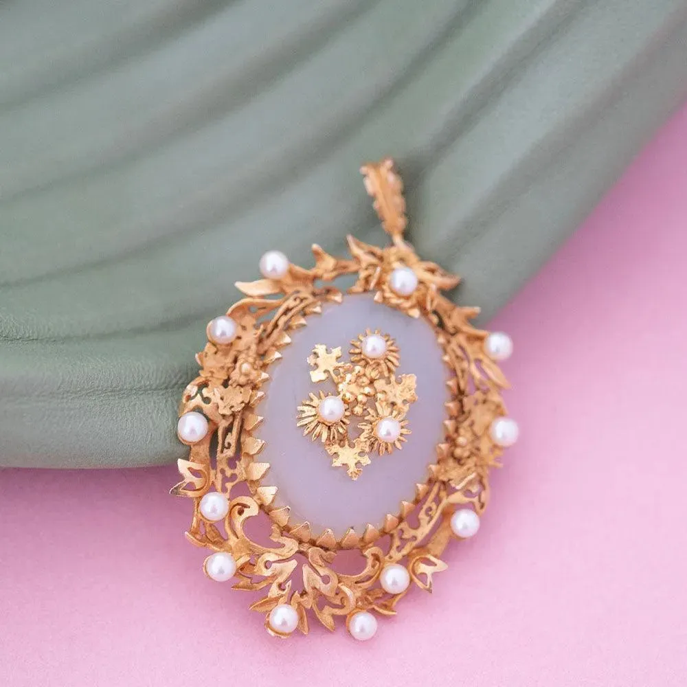 Vintage 1975 9ct Gold Chalcedony Pearl Necklace Brooch