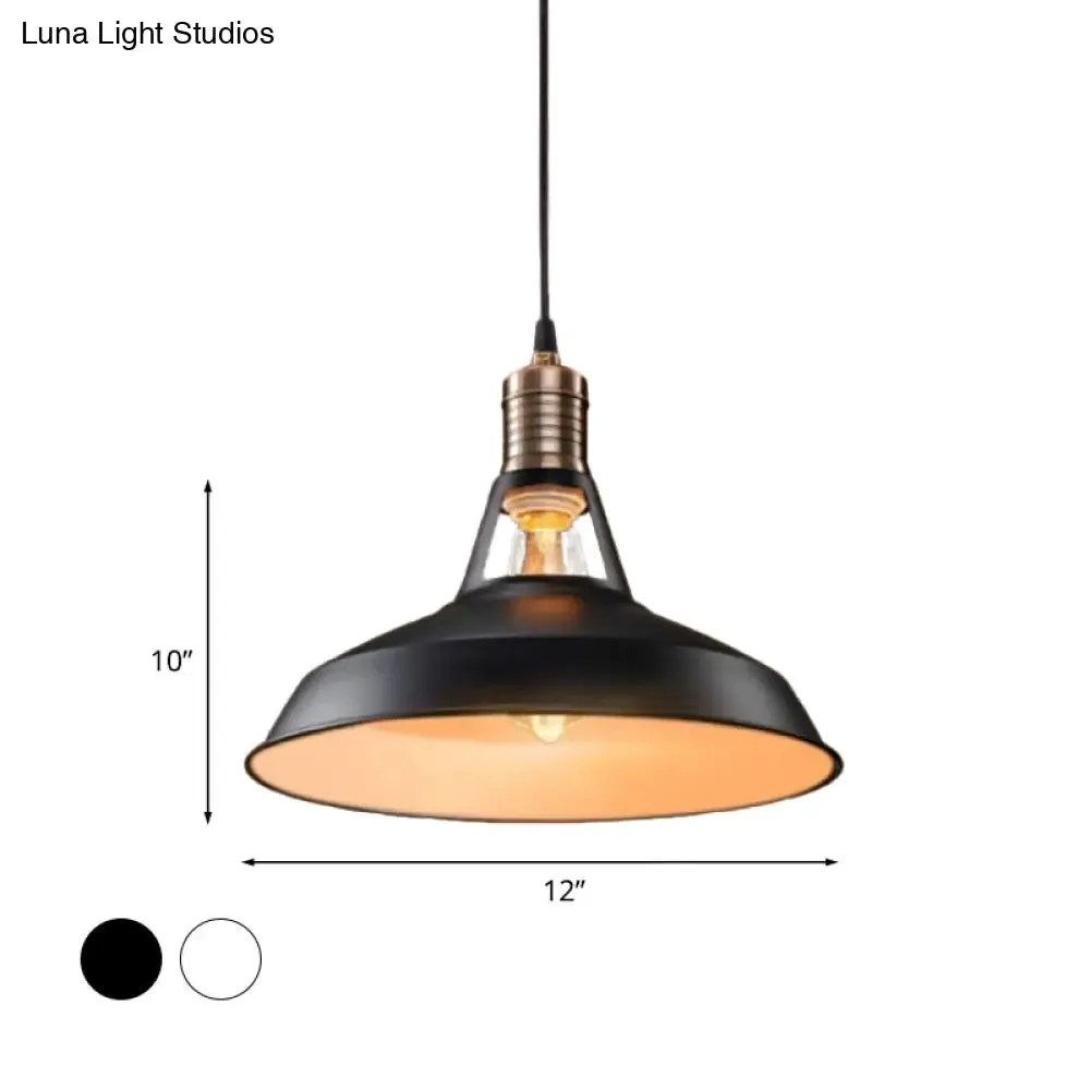 Vintage Barn Pendant Light - Metallic Black/White, 1 Bulb Suspension - 10.5/12/15 Inch Width