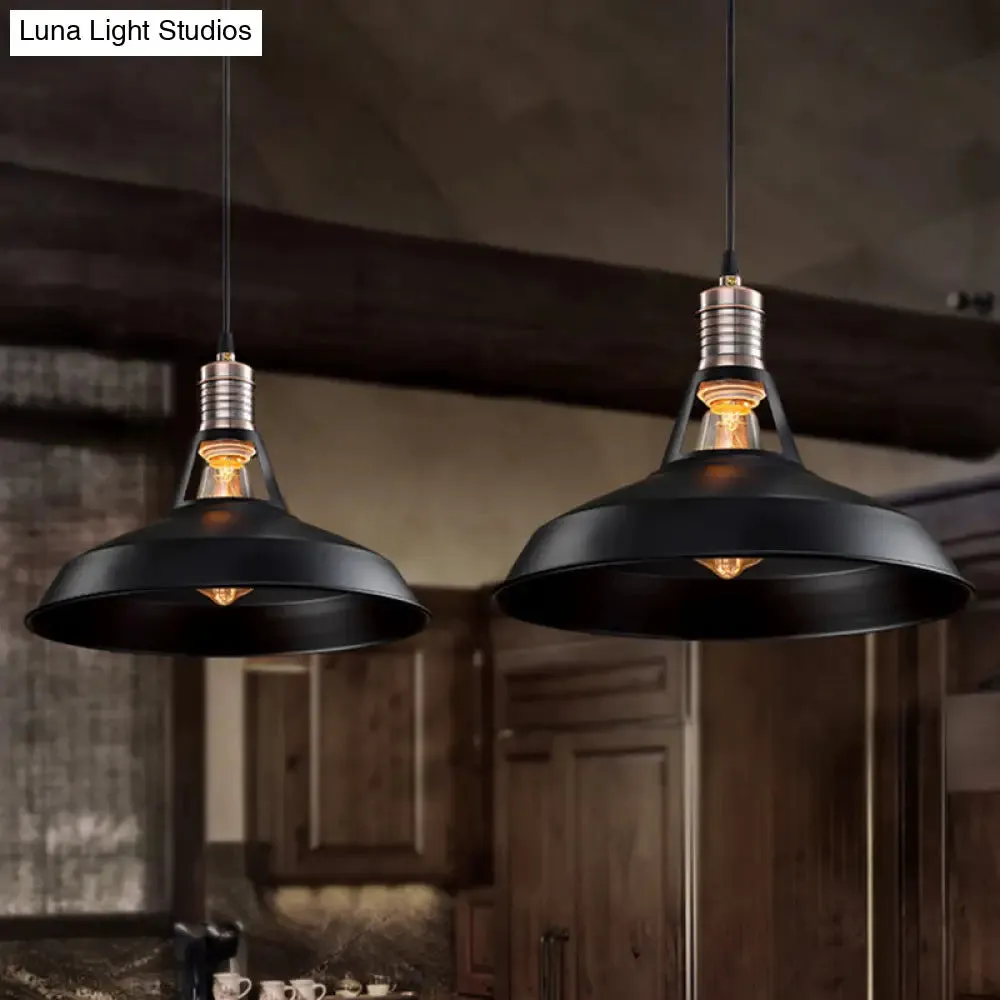 Vintage Barn Pendant Light - Metallic Black/White, 1 Bulb Suspension - 10.5/12/15 Inch Width