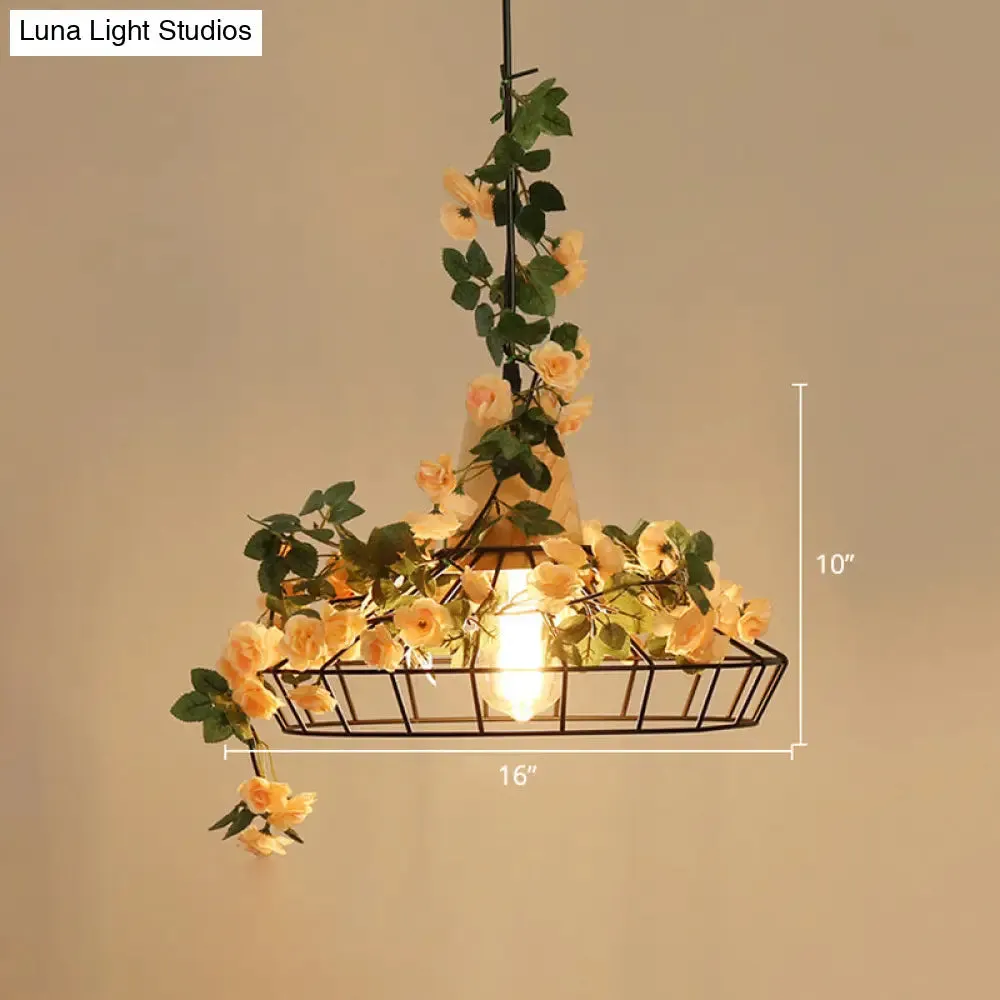 Vintage Caged Hanging Lamp 1-Light Iron Pendant with Artificial Orange Pink Rose Accent