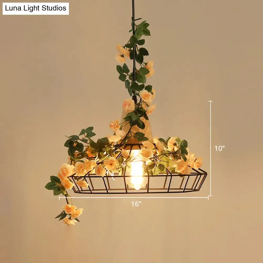 Vintage Caged Hanging Lamp 1-Light Iron Pendant with Artificial Orange Pink Rose Accent