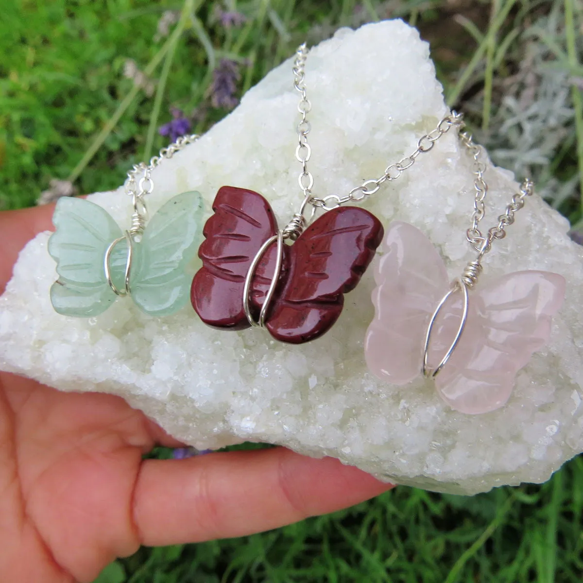 Wire Wrapped Crystal Butterfly Necklace | Mini Carved Stone Butterfly Animal