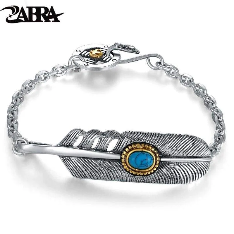 ZABRA 925 Sterling Silver Fashion Zircon Stone Feather Bracelet Bangle Men Women Vintage Punk Rock Handmade Mens Jewelry